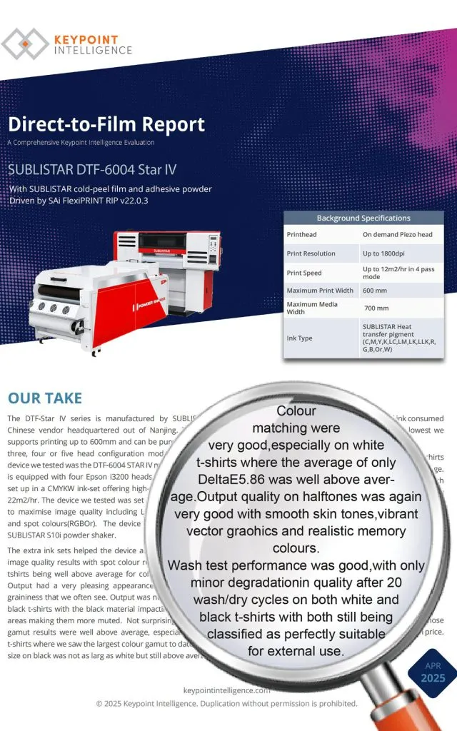 As the report from Keypoint Intelligence shows, SUBLISTAR's DTF printers can output colors accurately and the prints are of good washing resistance capability.
