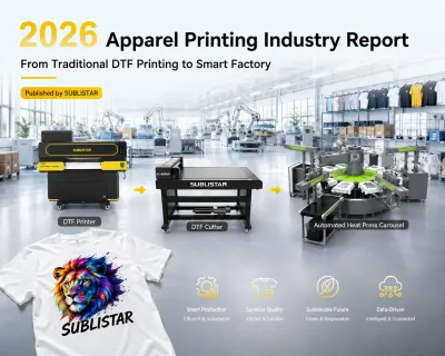 SUBLISTAR's smart DTF printing workflow is composed of DTF printers, DTF cutter, and automated heat press carousel.