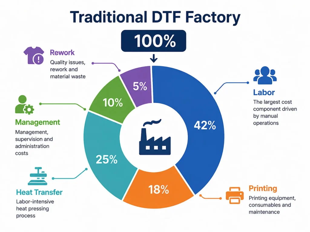 The cost of a traditional DTF printing factory is composed of labor, printing, heat transfer, management, and rework.